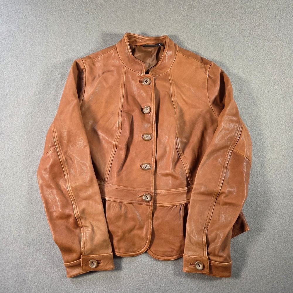 Ana Leather Jacket Womens Medium Brown Soft Button Front Slim Fit Flare